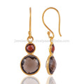 Beautiful Smoky Quartz &amp; Garnet com brinco de prata banhado a ouro